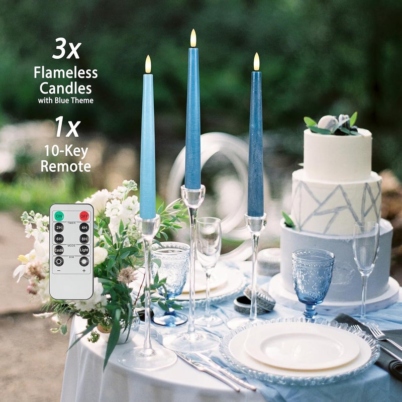 AFINETH Blue Flameless Taper Candles, 9.6" Real Wax Battery Operated Candles with Remote, 3 Pack Flickering, Gradient Candlesticks, Fake Candle for Home, Wedding, Party Decor - Image 5